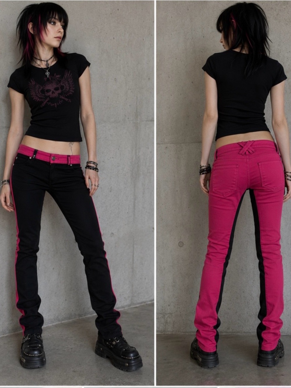 Tripp NYC Colorblock Low Rise Skinny Pants Black Fuchsia Punk Goth W29